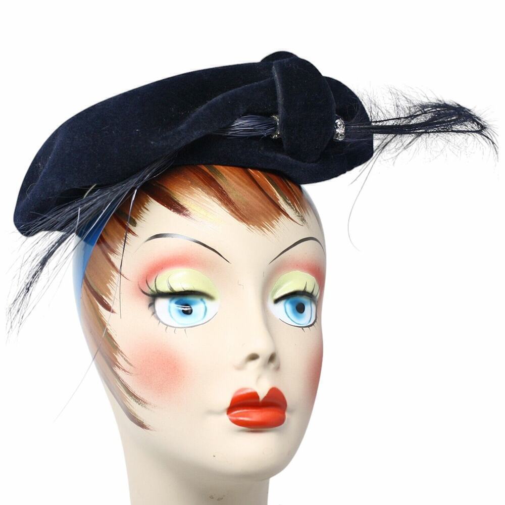 Vintage 40s 50s Tilt Hat Original by Dajon Blue Velvet w Feathers - Hey Viv - Picture 2 of 7